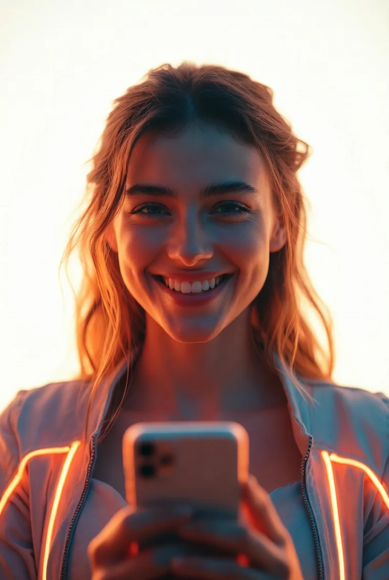 Mujer sonriendo mientras revisa en su celular las opciones de préstamo en línea